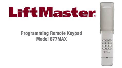 Liftmaster model 877max troubleshooting - INSTALLATION. Select a location to mount the Keyless Entry at a minimum height of 5 feet (1.5 m) out of the reach of children. Remove battery cover and battery. Mark the top mounting hole and drill 1/8 inch (3.2 mm) pilot hole. Install the top screw, allowing 1/8 inch (3.2 mm) to protrude above the surface. 